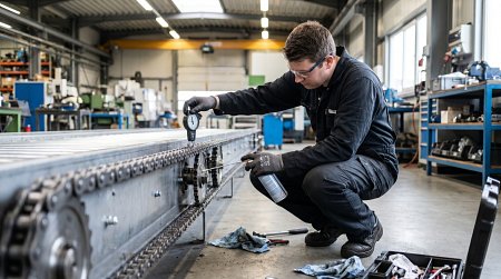 Technik przeprowadzający konserwację systemu łańcuchowego, sprawdzający napięcie i aplikujący smar na elementy napędowe